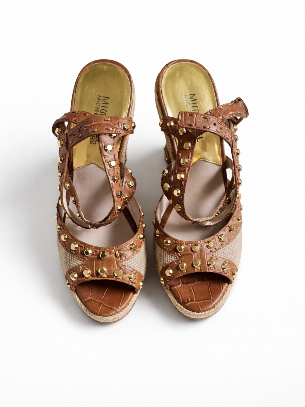 MICHAEL Michael Kors Tan Brown Studded Platform Wedge Sandals Size 6